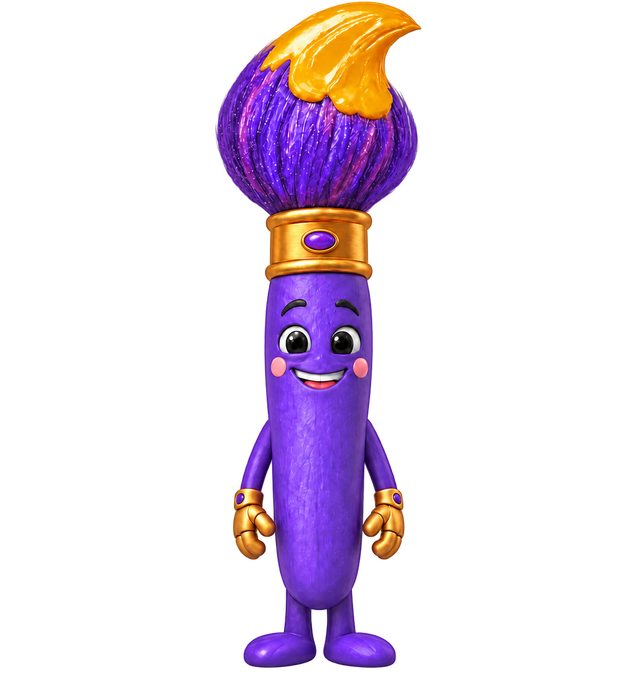 Kaboomby the paintbrush, smiling.