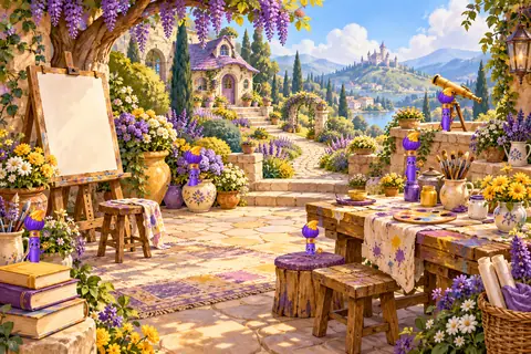 A bright painter's garden picture with five little Kaboomby characters hiding in it.